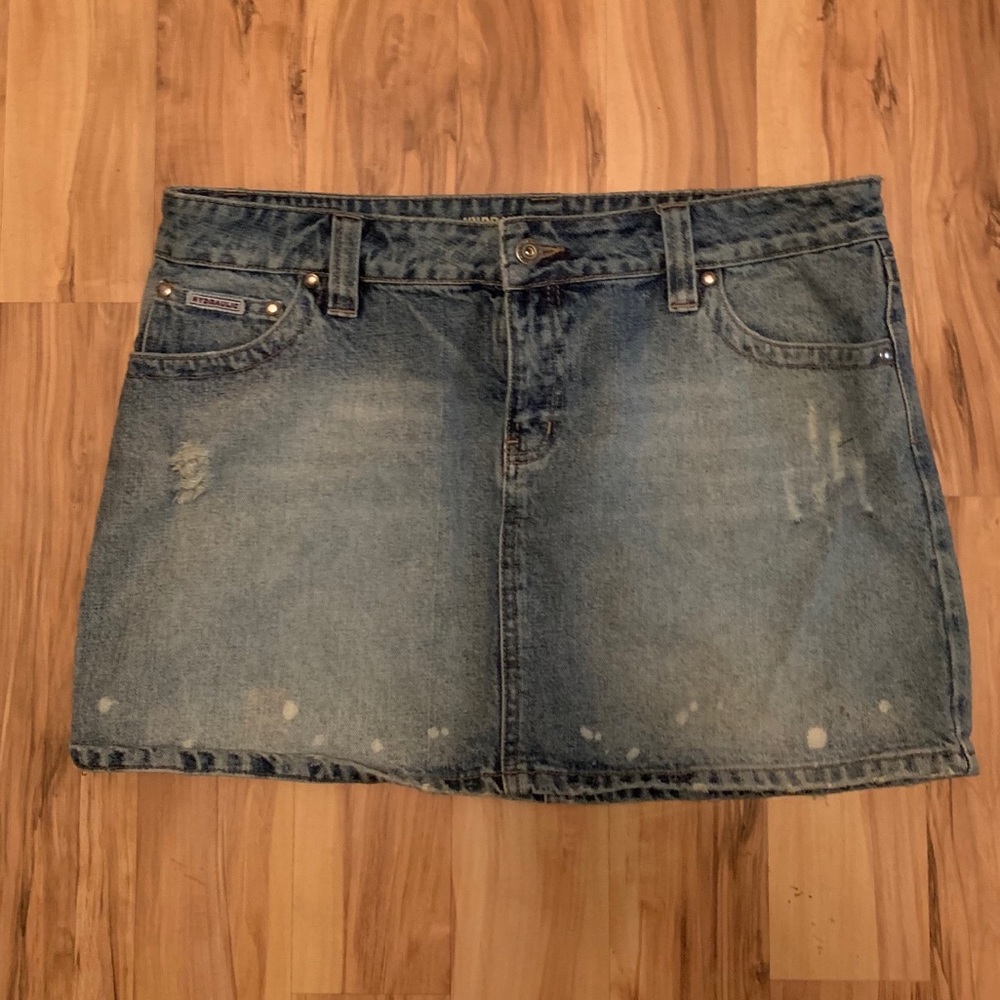 Hydraulic “Worn and Torn” look Jean Skirt, Size 13